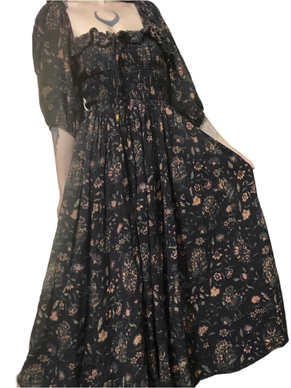 Free People Oasis Maxi Dress Black Floral Boho Witchy Prairie Summer Small